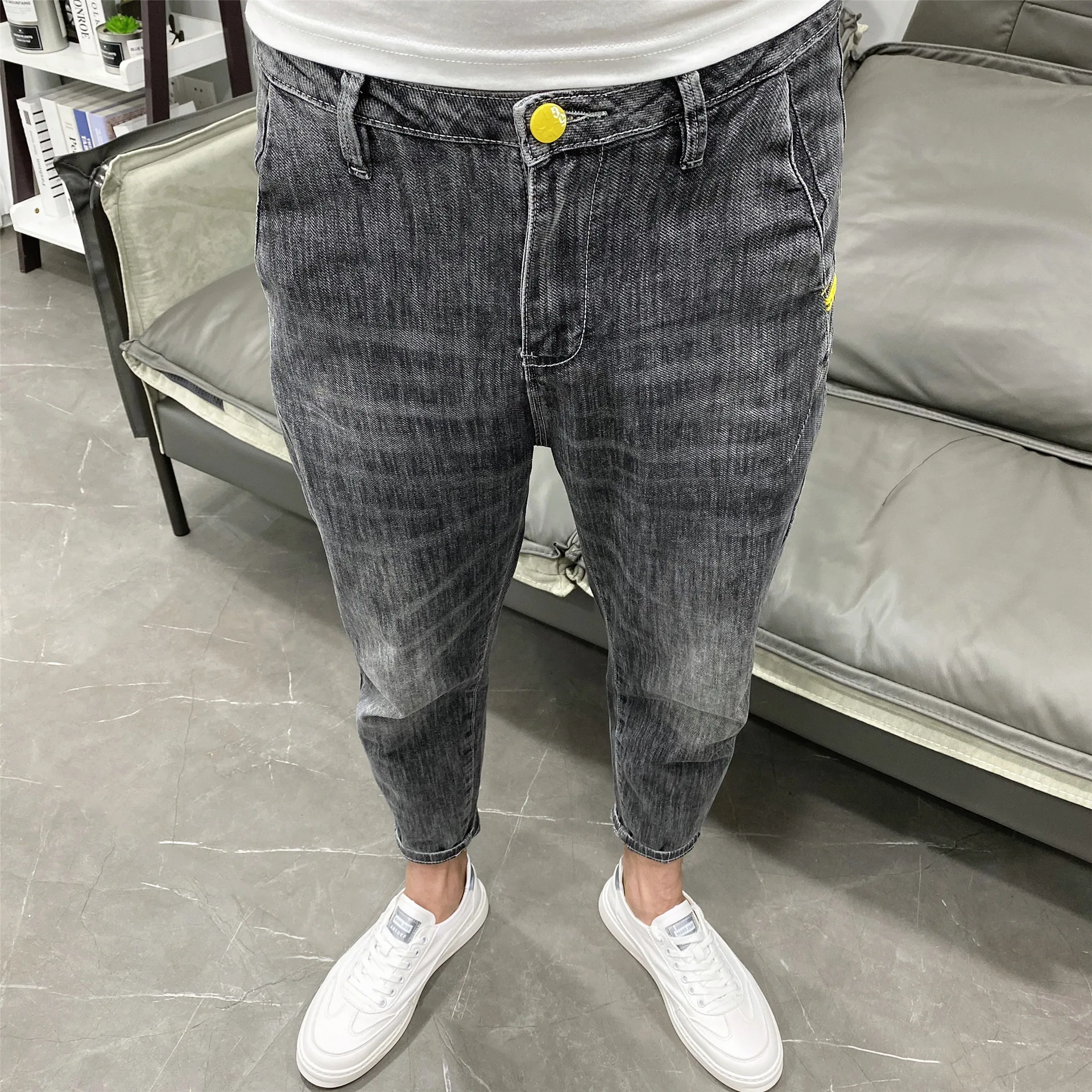 Men's Japanese Micro Span Grey Slim Fit Jeans Summer Fashion Elastic Youth Medium Low Waist Denim Jeans Designer Pants