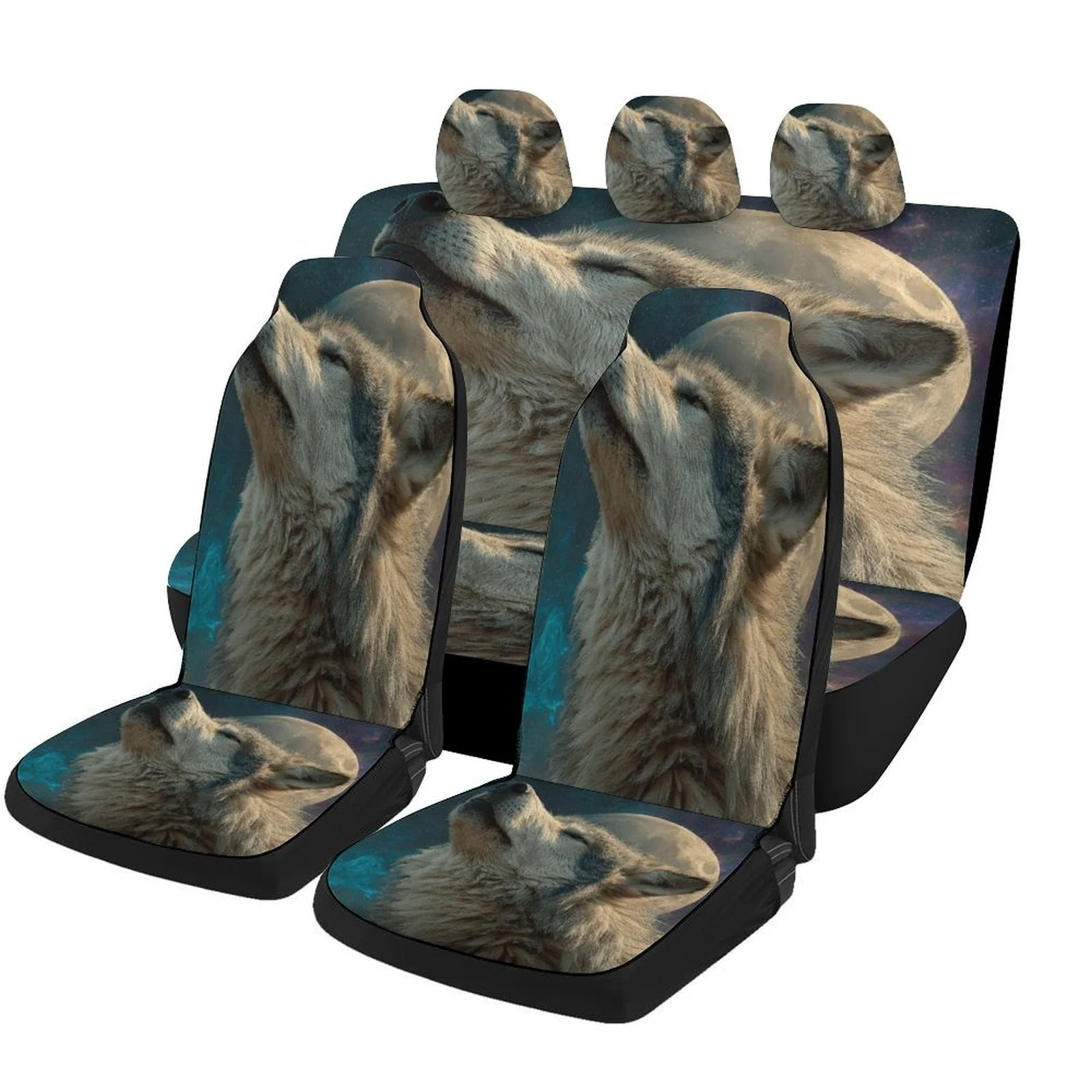 Wolf Moonlight Designed Car Seat Cover Set For Most Cars, Trendy Novelty High-quality Car Seat Protector Covers Full Set, Univer