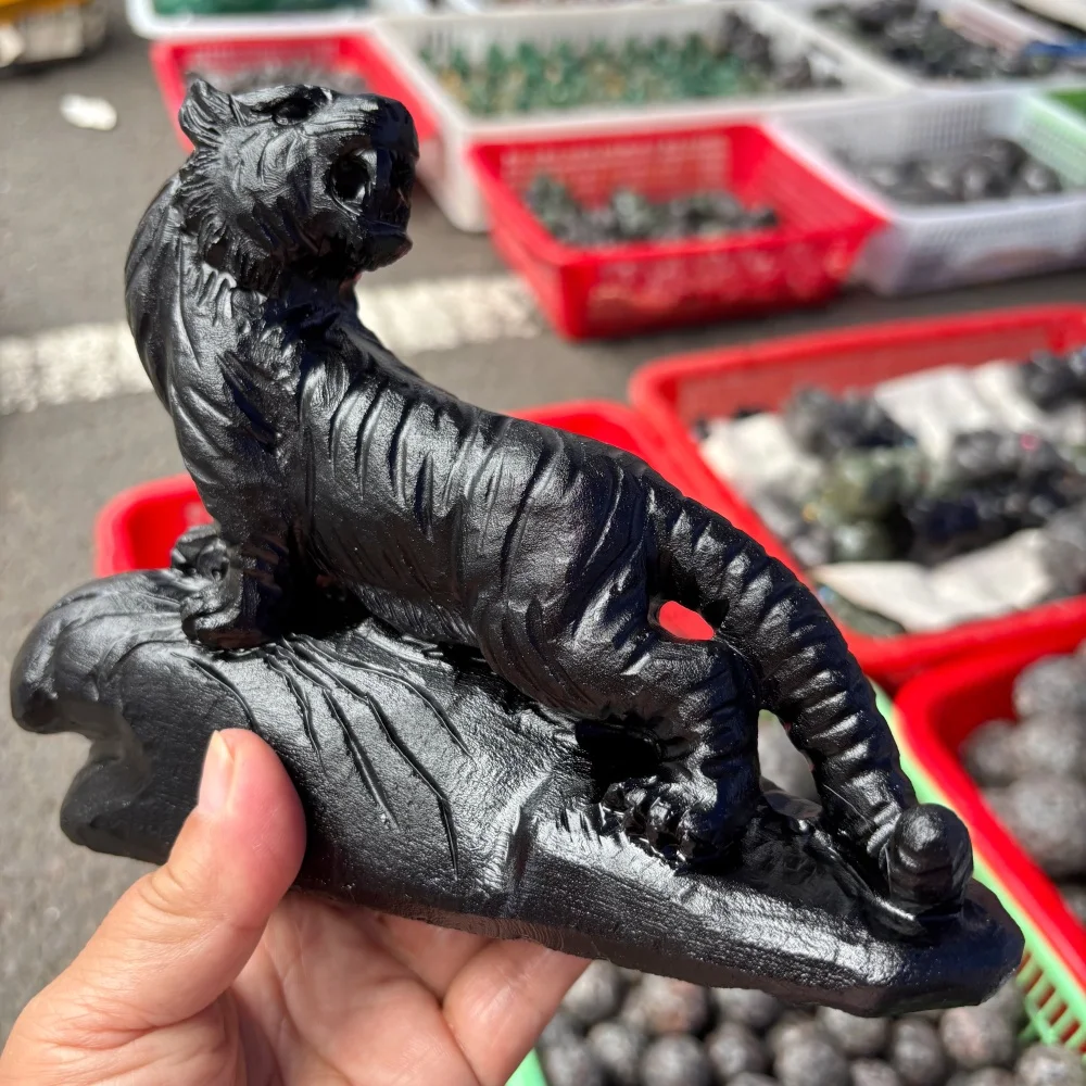 Black Obsidian Tiger Carving Reiki Healing Stone Polished Natural Quartz Feng Shui Energy Room Decor Customizable Manual Gift