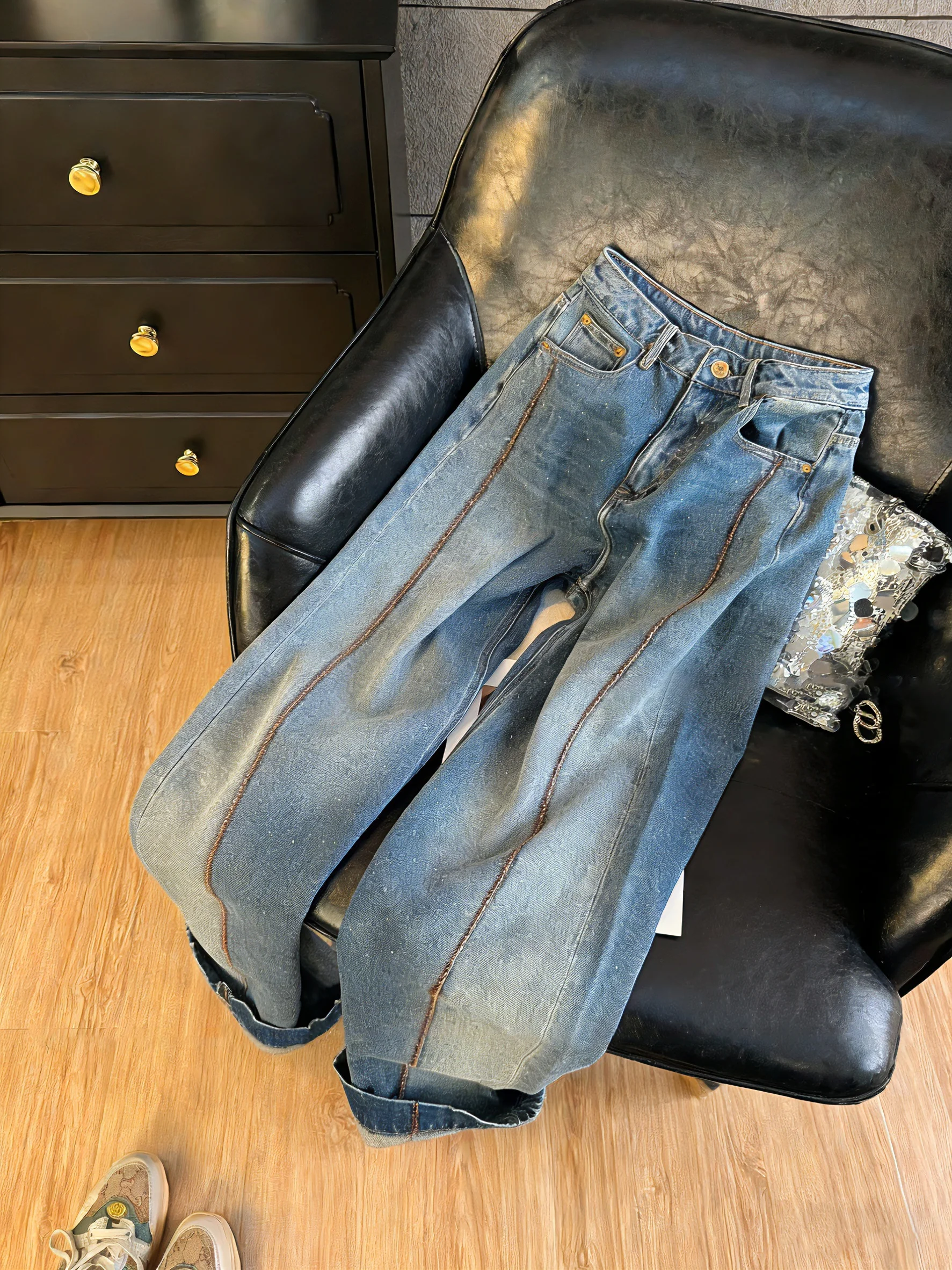 

Vintage Heavy Du Rhinestone High Waist Loose Fit Denim Long Pants Women Spring Autumn Korean Sle Lazy Slimming Wide Leg P...