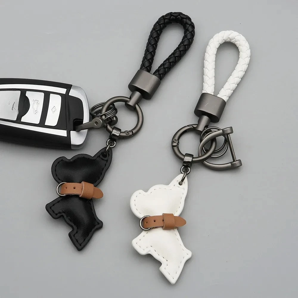 1PC Mini French Bulldog Anti-lost Keychain Leather Puppy Car Keychain Pendant Braided Rope