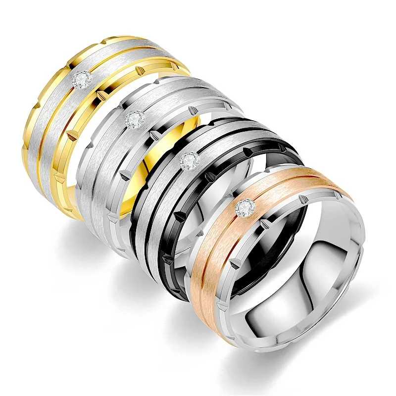 Fashion 8mm Men's Double Groove Beveled Steel Ring Rose Gold Color Brushed Inlay AAA Zircon Ring Men's Wedding Band Jewelry Gift