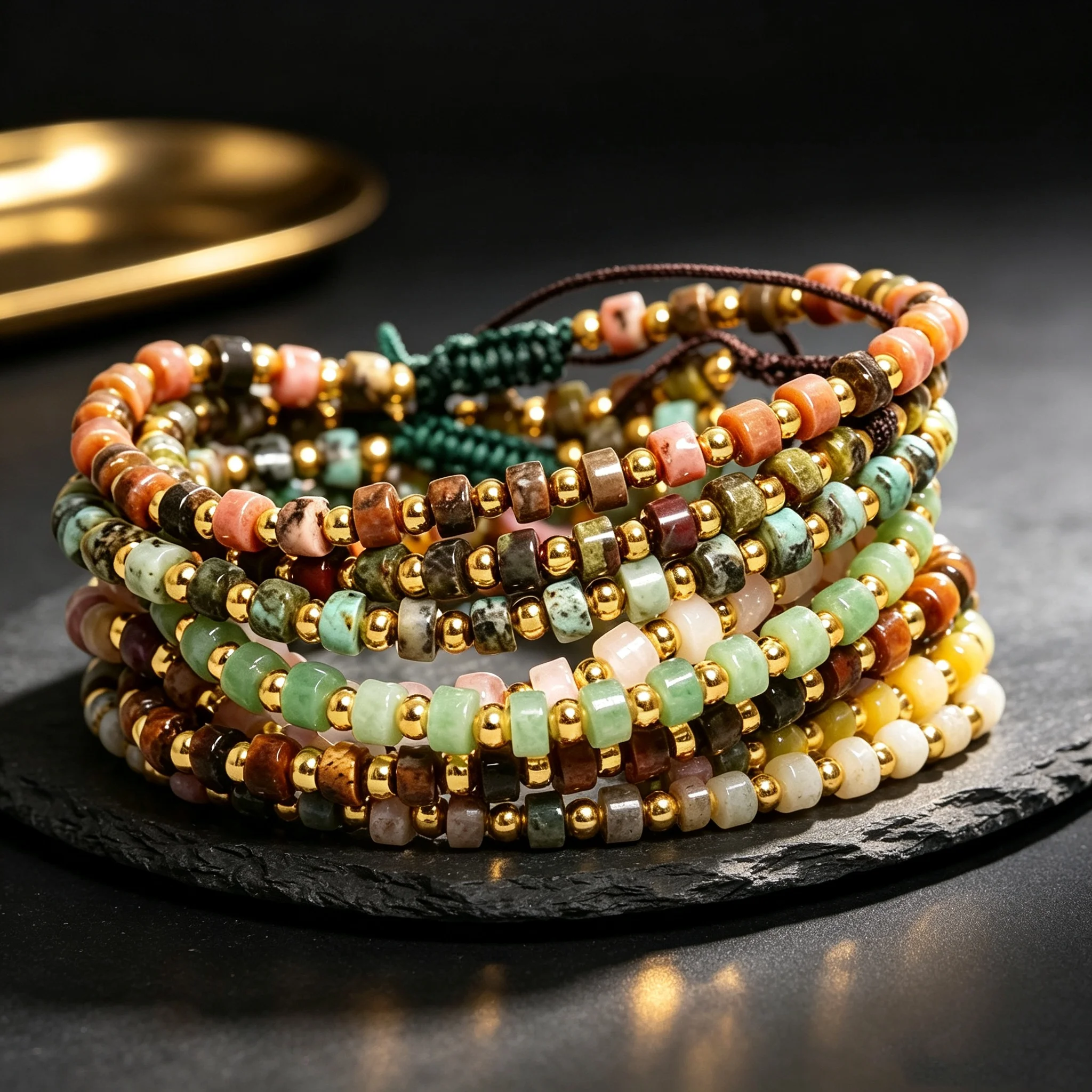 Bohemia 2x4mm Tile Natural Stone Gold Adjustable Tibetan Dainty Gemstones Jasper Beaded Bracelets Women