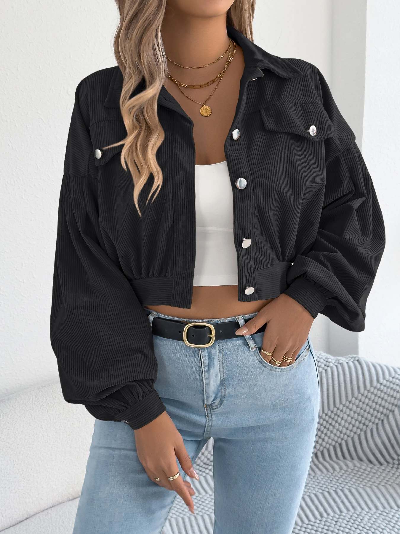 Manšestrová bunda pro ženy, podzim/zima | Krátká klopová bunda s dlouhým rukávem, falešnými kapsami a zapínáním na jeden knoflík, ležérní svrchní oblečení - náhled 3