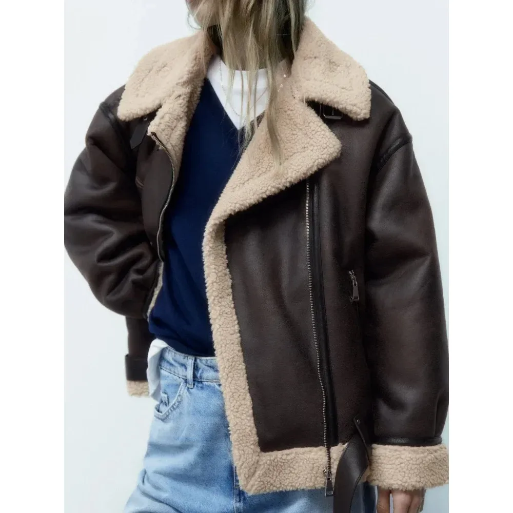 2024 Autumn new women\'s fashion thickened warm imitation sheep shearling coat retro long-sleeved bunched waist hem women\'s coat