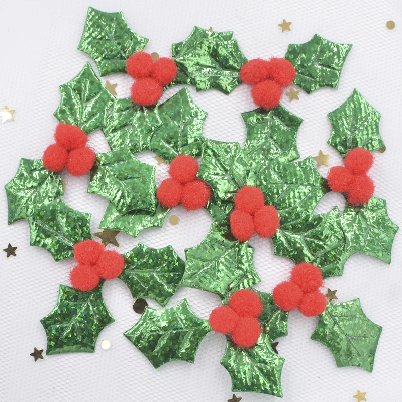 30Pcs Glitter Green Holly Leaf and 3D Red Berry Appliques Patches for Christmas Decor, Table Ornament, Stickers Accessories