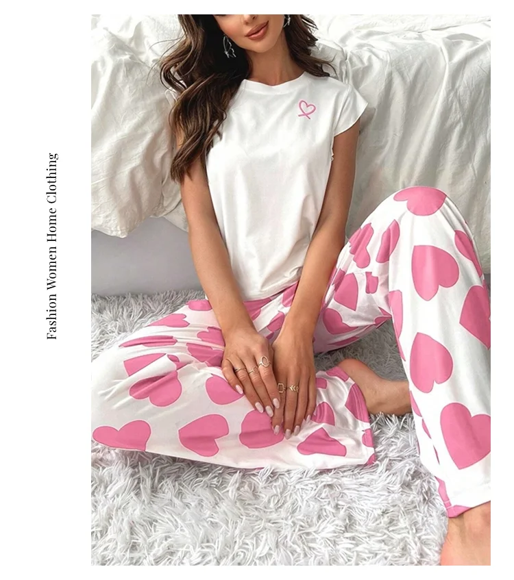 Herz & Brief gedruckt Damen Pyjama Pj Set weiche Kurzarm Tops & elastische Taille Hosen Pyjama Pijama Femme Casual Home Kleidung – Detail 9