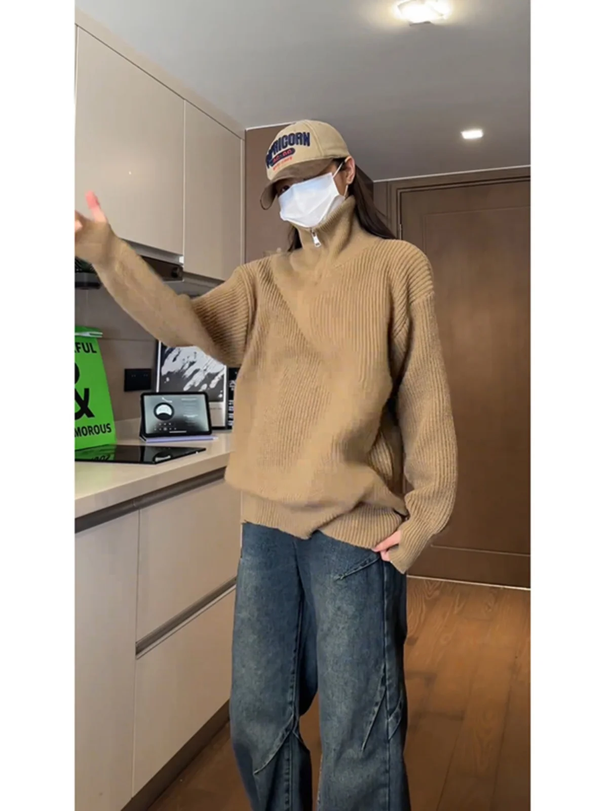 

Мужской вязаный свитер с высоким воротником и молнией до середины груди, цвета глубокого кофе, зимний базовый слой, в японском стиле, утепленный, с длинным рукавом, повседневный, свободного кроя