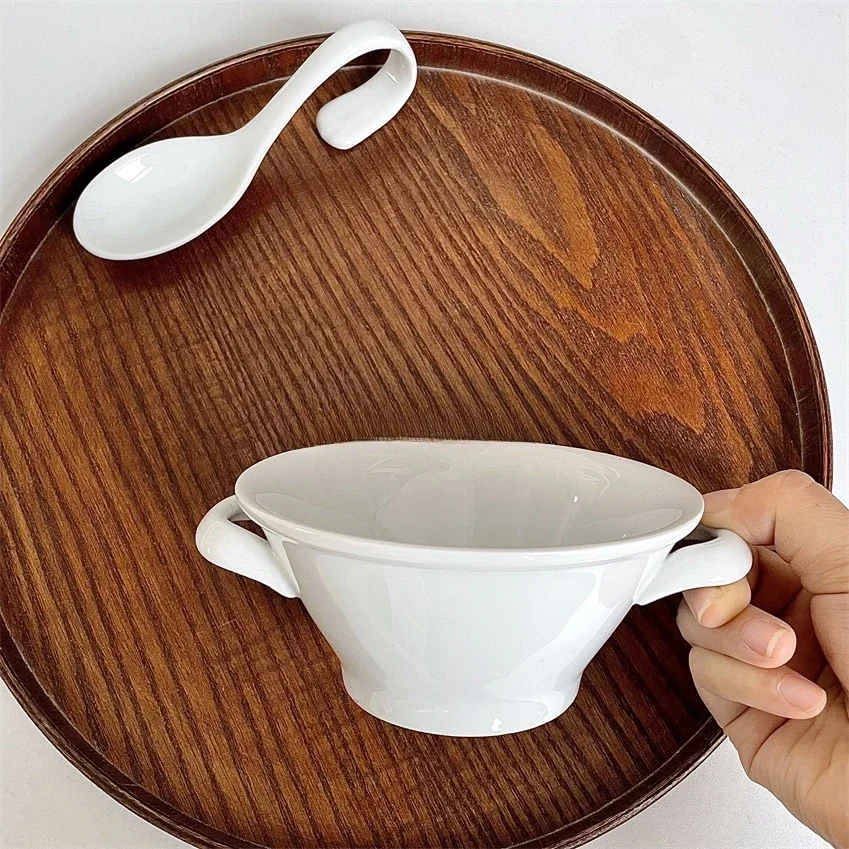 Unique white creative double ear sweet soup bowl ceramic design with rare shape and unique design, soup spoon for household use