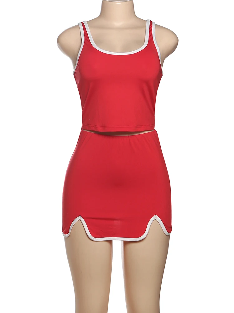 Macheda カジュアルトラックスーツ 2 点セット女性コントラストパッチワークスキニータンクトップ + 不規則な裾スカートデイリーファッションスポーティな衣装