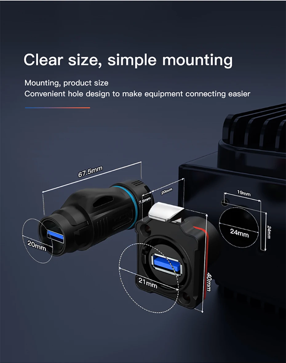 CNLINKO BD24 USB 3.0 Panelmontage Wasserdichte Buchse IP68 5Gbps Datenanschluss PBT-Kunststoff 2-Loch-Flansch mit Schnappverschluss – Detail 8
