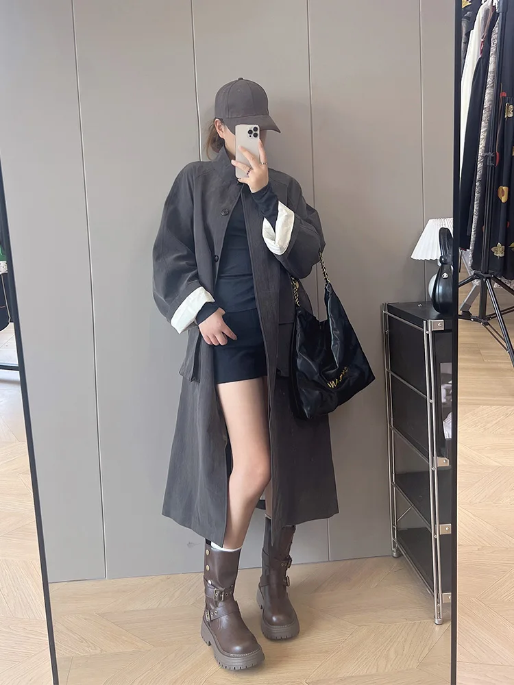 

Очаровательное длинное винтажное женское пальто цвета хакиен, свободная куртка прямого кроя с воротником-стойкой, удобная модная верхняя одежда