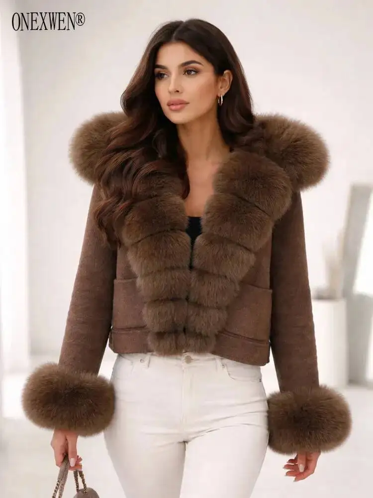 ONEXWEN Women Short Double Sided Wool Coat Natural Fur Collar Cuffs Luxury Woolen Jacket Winter Warm Elegant Outerwear ZM5415
