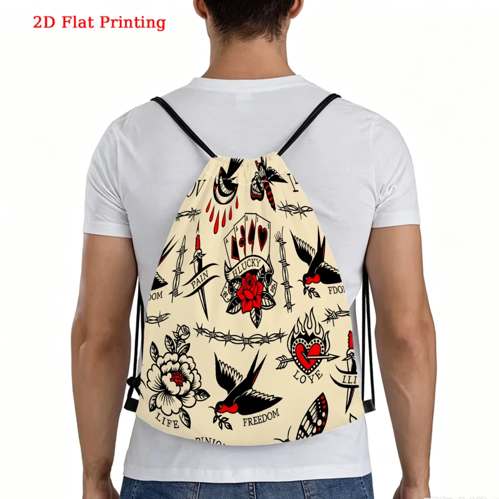 Tattoo Style, Drawstring Backpack, 2D Flat Printing Gothic Pattern, Fitness Sports Bag, Outdoor Travel Drawstring Pack