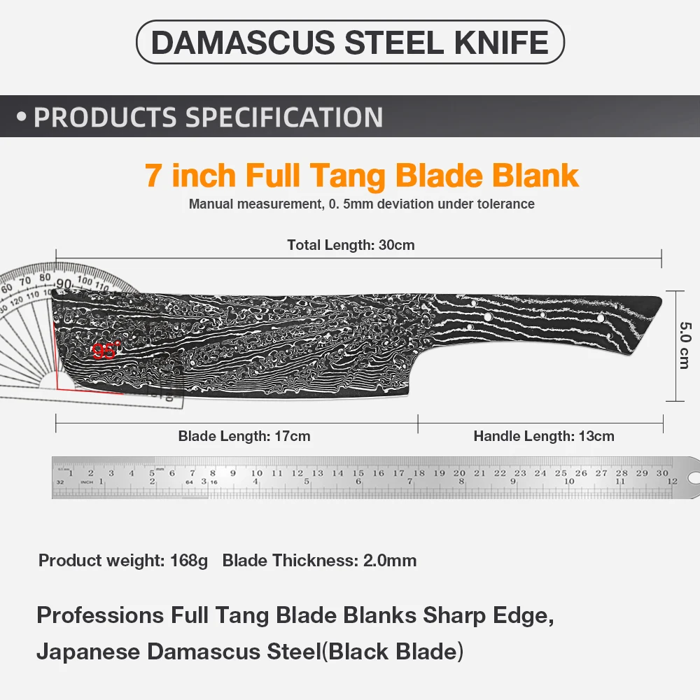 Damascus Steel Chef Nakiri Knife Blank-Full Tang Handmade DIY Knife Customizable Blade Blank,Personalized Sharp Knife Making