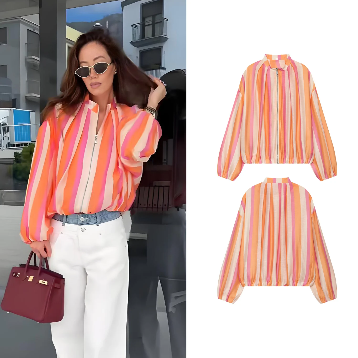 Women Colorful Striped Polit Jackets Summer Female Chic Zip Up Cropped Jacket S Lady Lantern Sleeve Casual Loose Bomber Jackets