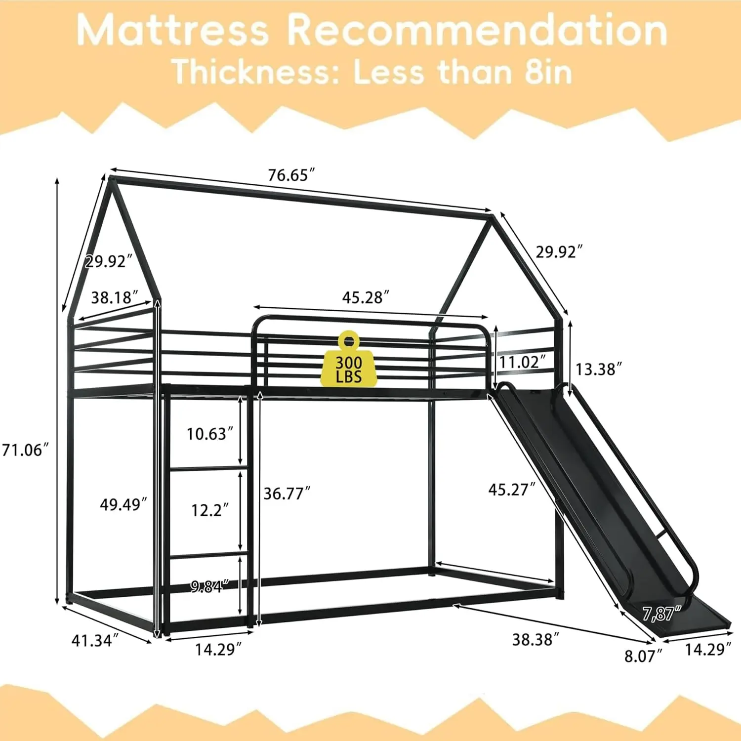 Bedroom Use, Metal Black Twin Over Twin Bunk Bed with Slide, Heavy Duty, No Box Spring, Easy Assemble