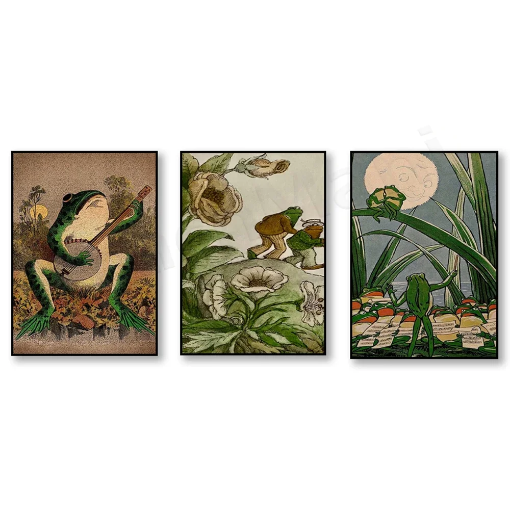 Old -style frog posters, two interesting frogs, friends play ban zhuoqin, sing frog chorus, retro color art decoration gift