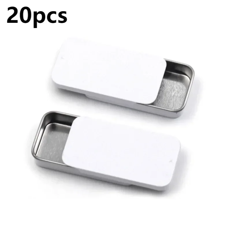 

20pcs 60*34*11mm White Tinplate Tin Box Mini Rectangular Push-Pull Boxes Portable Candy Pill Balm Stationery Small Storage Jars