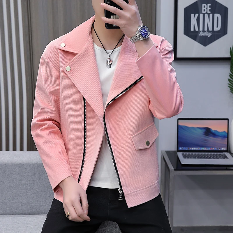 Autumn New Men Casual Lapel Collar Jacket , Black / Pink Fashion Simple Mens High Street Bar KTV Diagonal Zipper Coats