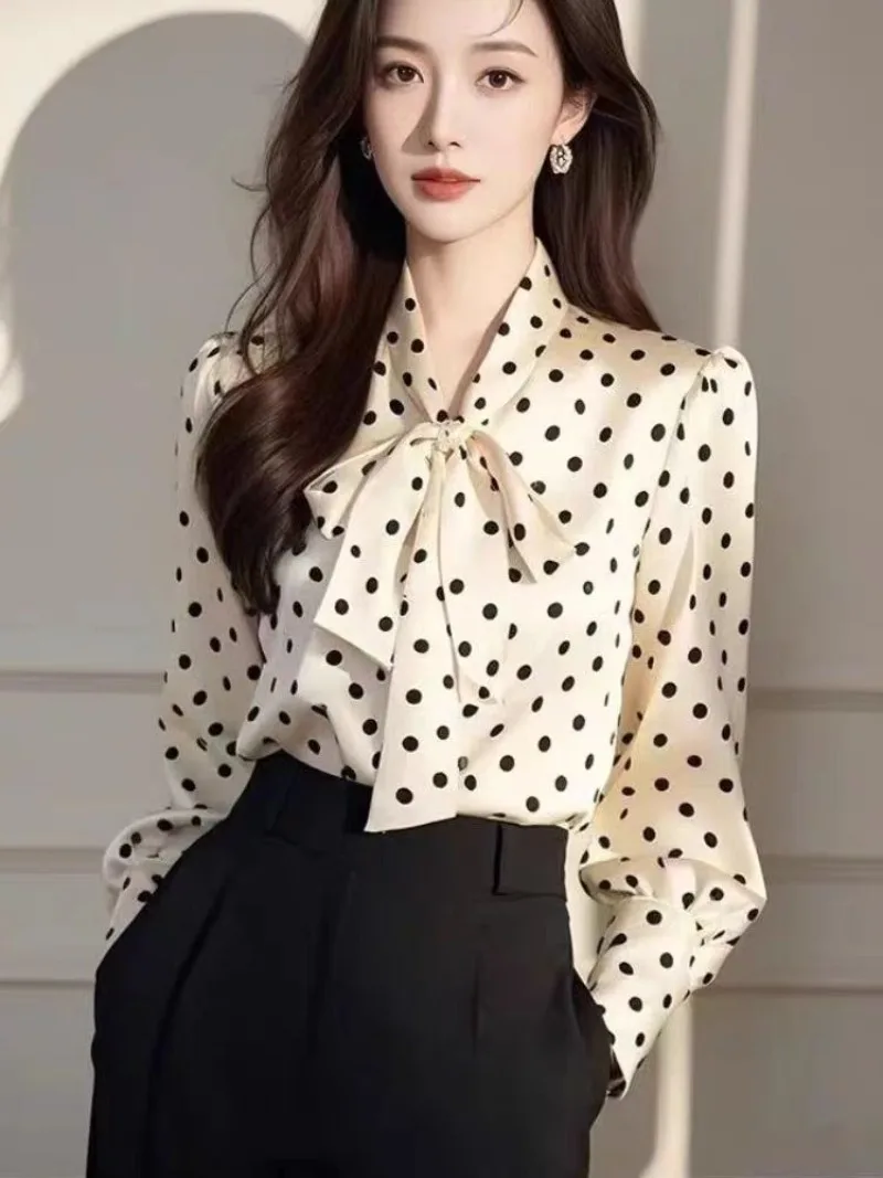 빈티지 여성 블라우스 캐주얼 물방울 무늬 탑 패션 루즈 여름 프렌치 의류 긴 소매 한국식 리본 여성 셔츠