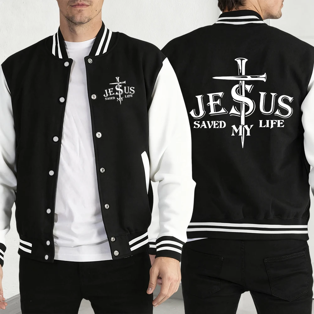 

Куртки с буквенным принтом Иисуса Saved My Life, мужская модная повседневная бейсбольная майка, индивидуальная флисовая уличная одежда, свободное пальто в стиле хип-хоп