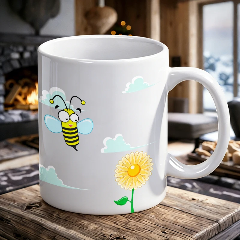 

1PCS Cartoon Bee Sunflower Ceramic Cup, Coffee Cup, Milk Cup, Office Tea Cup, Drinking Cup, Fade-Resistant, Gift for Friends