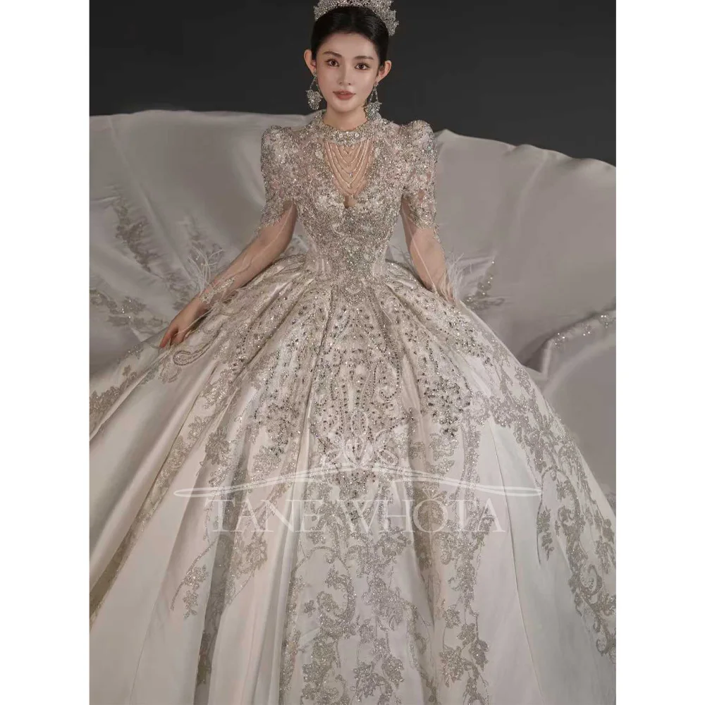 럭셔리 O넥 긴팔 비즈 장식 스팽글 볼 가운 웨딩 드레스 맞춤 제작 베스티도 노이바 카사멘토