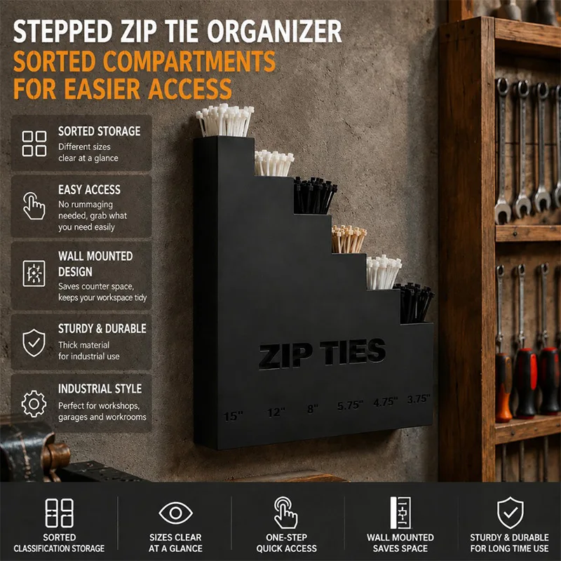Wall‑Mounted 6 Slots Cable Tie Organizer Zip Tie Dispenser Holder Wall Hanging Storage Rack For Garage Workshop Wall Organizer