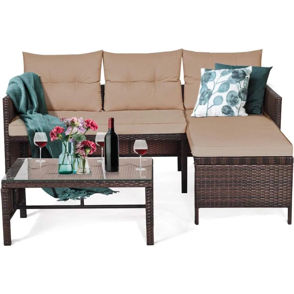 

3-Piece Outdoor Rattan Sectional Sofa Set Patio Wicker Rattan Conversation Furniture Set, Steel Frame & Seat Cushion, Perfect f