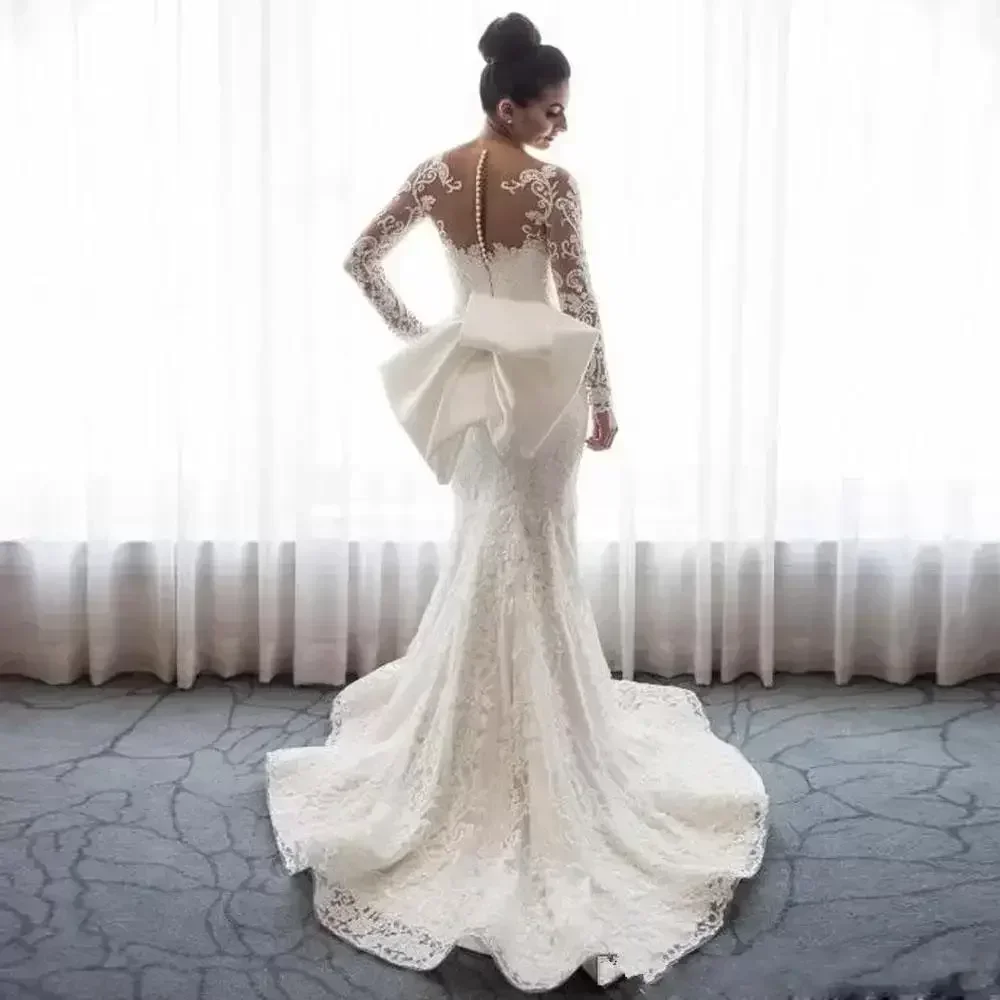 Customized New Mermaid Wedding Dresses Long Sleeves Sheer Neck Illusion Lace Applique