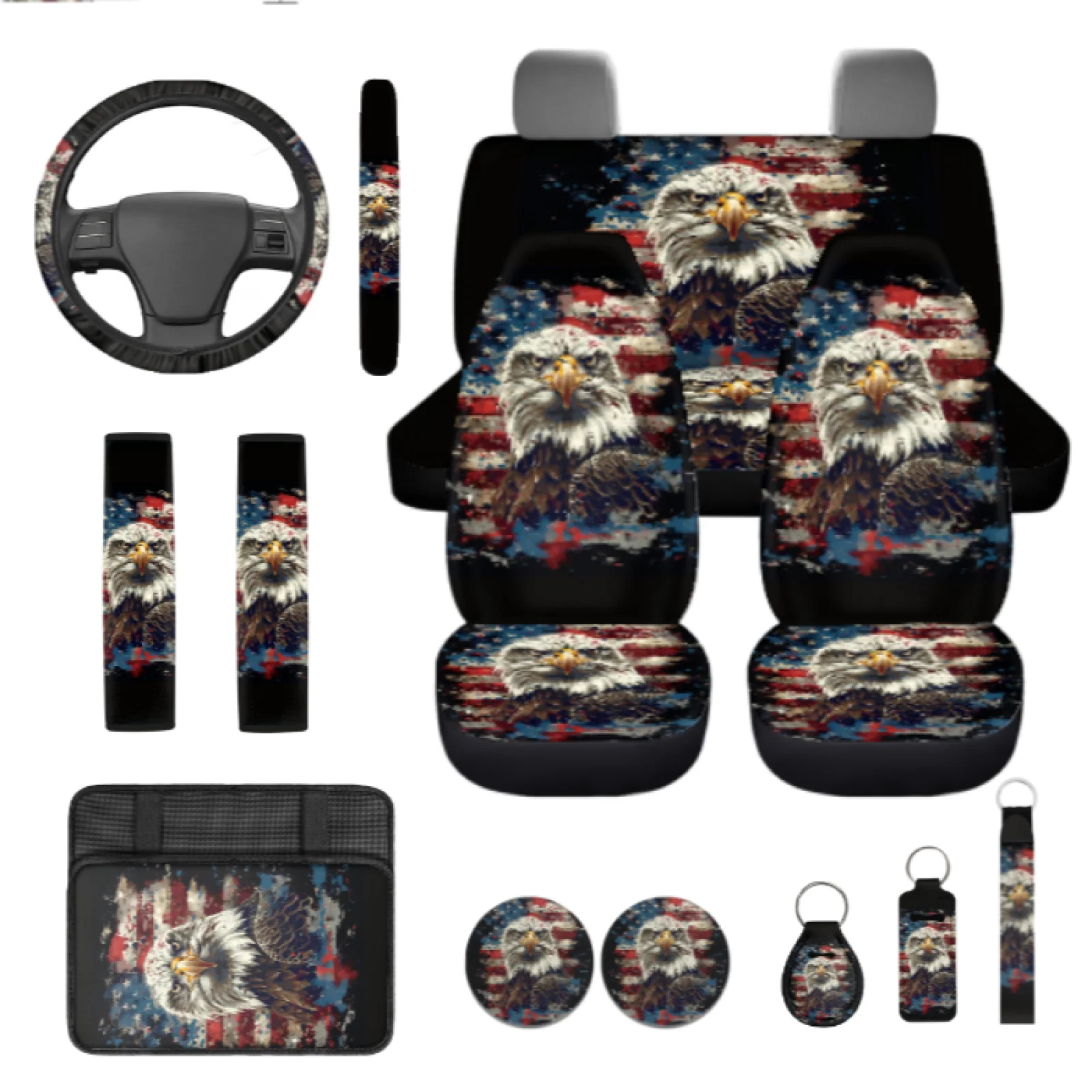 Coloranimal Vintage Bald Eagle Set of 13 Car Accessories Set with Long Lasting Lipstick Sleeve and Seatbelt Covers for Most Cars