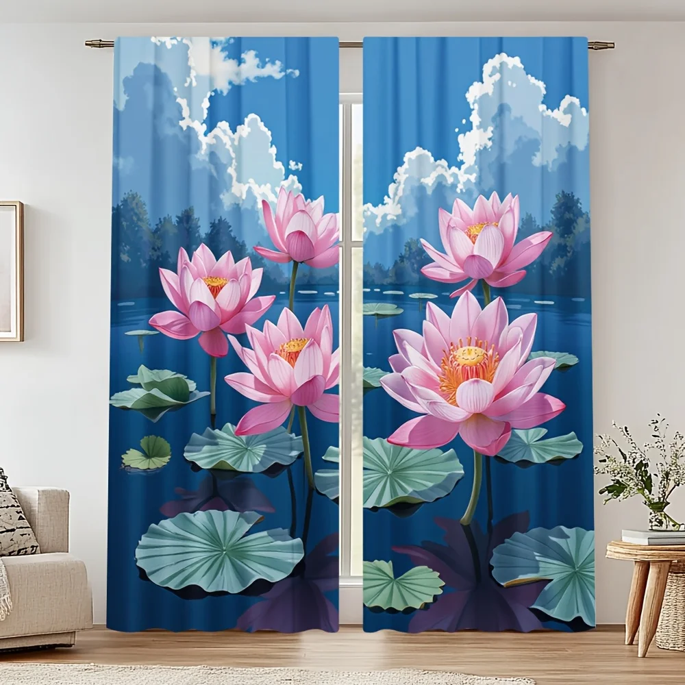 2pcs for Lotus Leaf Landscape Party Curtains - Elegant Pink for Lotus Floral Design on Dark Blue, Versatile Polyester Backdrops
