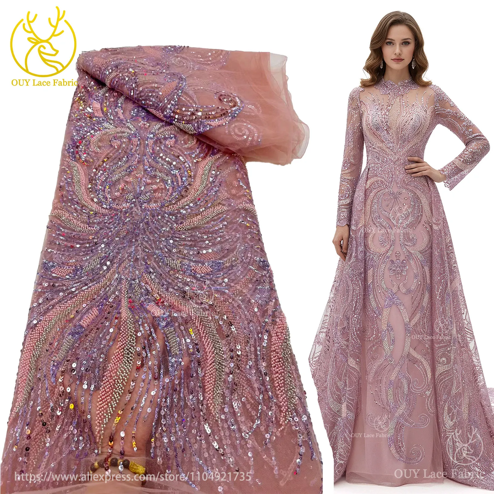 

Fashion African Beaded Lace 2025 High Quality French Nigerian Sequins Tulle Lace Fabric For Wedding Party Women's Dresses