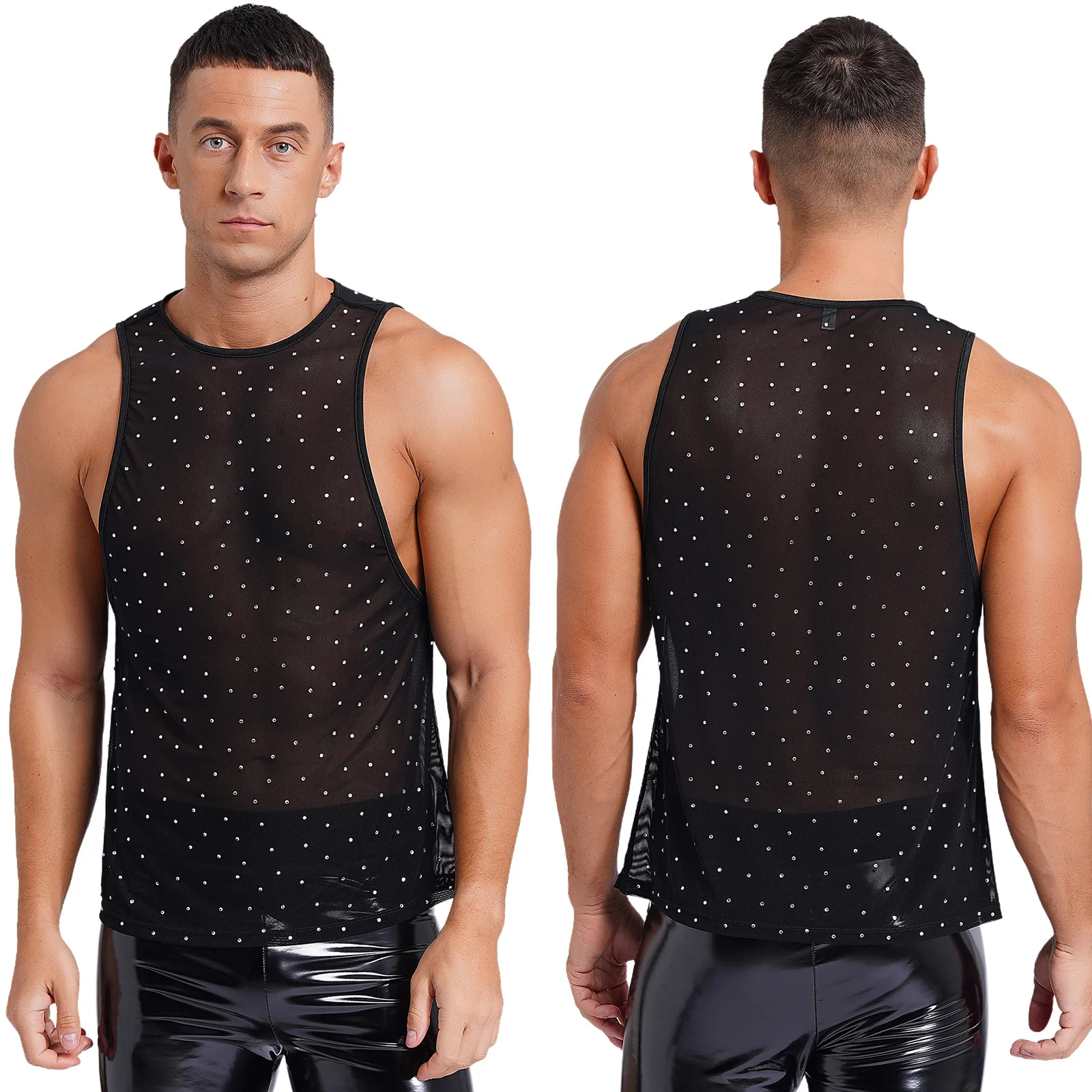 

Mens Dance Show Vest Costume Unique Glittering Crystal Sheer Tank Top Seethru Mesh Waistcoat Daily Chic Outfit Dance Party Night