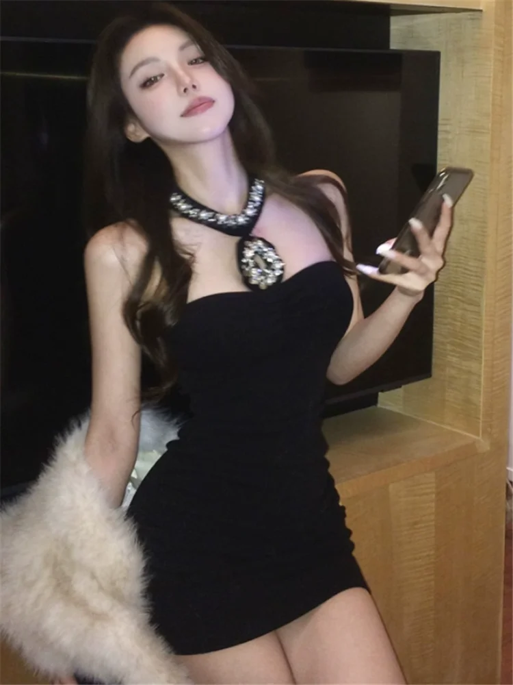 

Fashion Off Shoulder Black White Beads Halter Mini Party Dress New Women 2025 Spring Summer Sleeveless Short Tight Pencil Dress