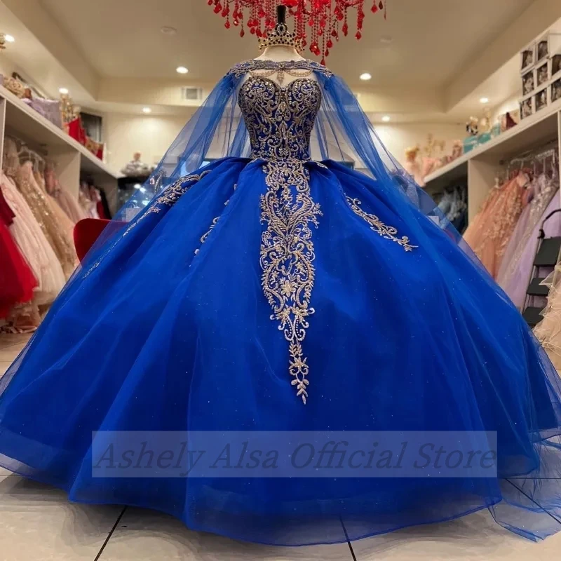 Custom Made Blue Ball Gown Quinceanera Dresses With Cloak Cape Applique Lace Floral Corset vestidos de xv 15 anos Girl Proms