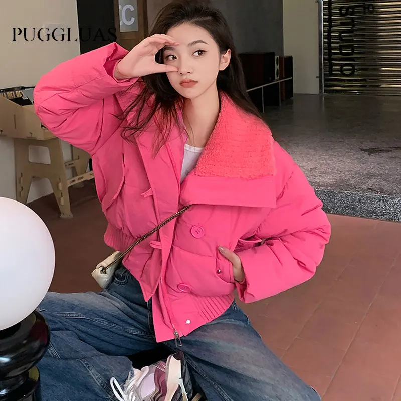 

Korean Winter Cotton-Padded Jacket Women Vintage Long Sleeve Sheep Wool Lapel Short Coat Autumn Elegant Overcoat Outerwear 2023