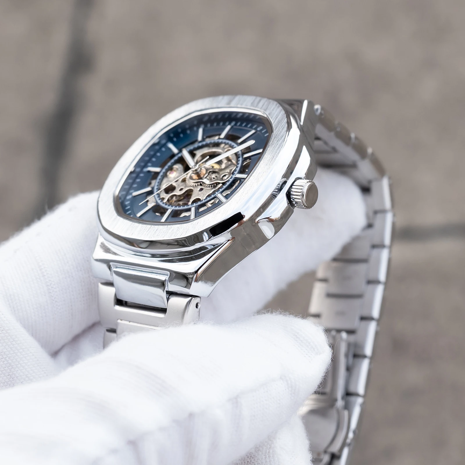 Luxury Men's Automatic Mechanical Watch Square Skeleton Blue Dial Fashion Business Bracelet Band