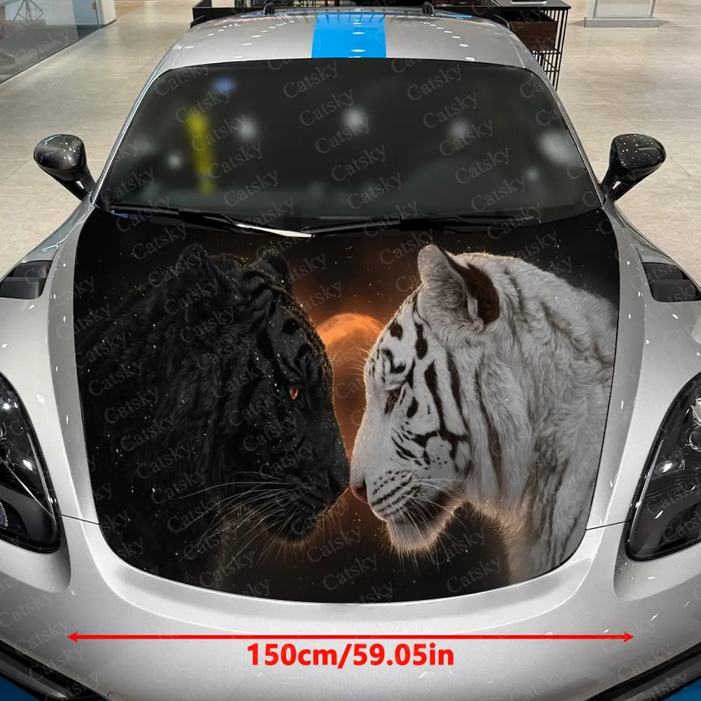 Black-White Tigers Nuzzling Car Vinyl Wrap, PVC Waterproof Car Hood Sticker, Self-Adhesive Scratch-Resistant Stickers