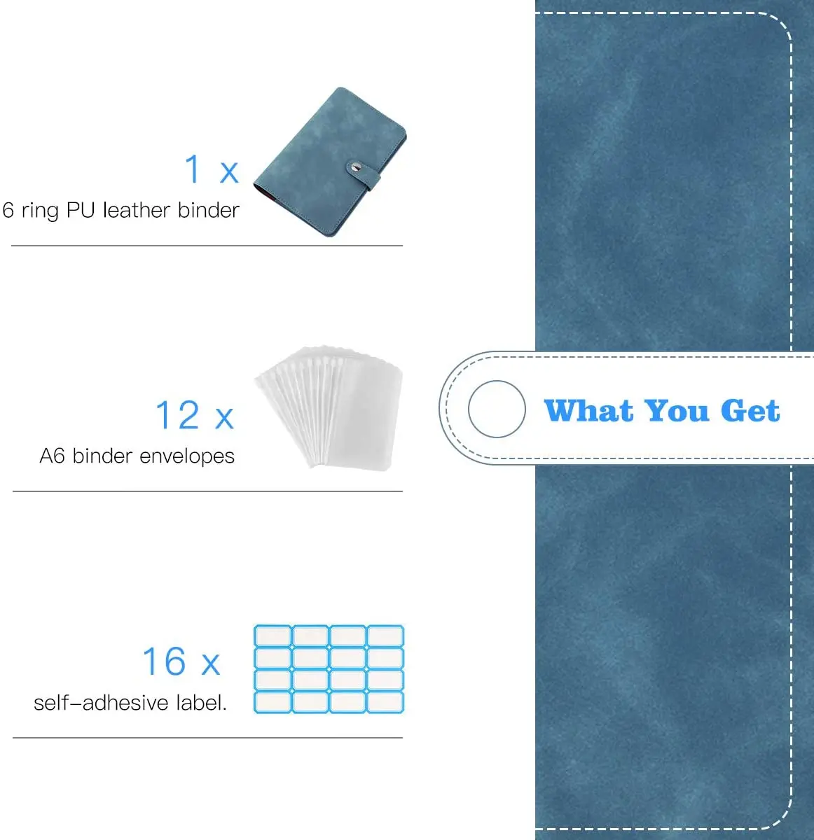 A6 PU Leather Binder Budget Planner Refillable 6 Round Rings Binder Cover Notebook Folder with 12 PCS Clear Plastic Envelopes