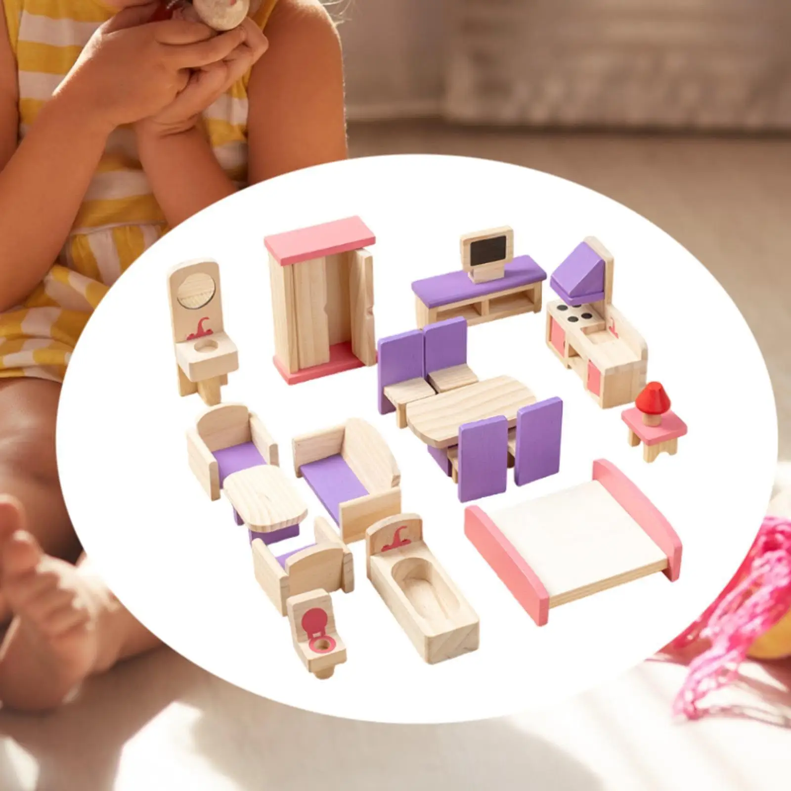 Juego de muebles de casa de muñecas de madera de 19 piezas, juguete para casa de muñecas, decoración de juguetes de madera