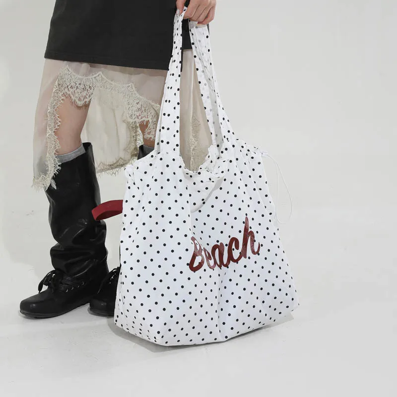 Polka Dot Letter Print Drawstring Shoulder Bags for Women Large Capacity Ladies Shopping Bag Handbag College Student Casual Tote