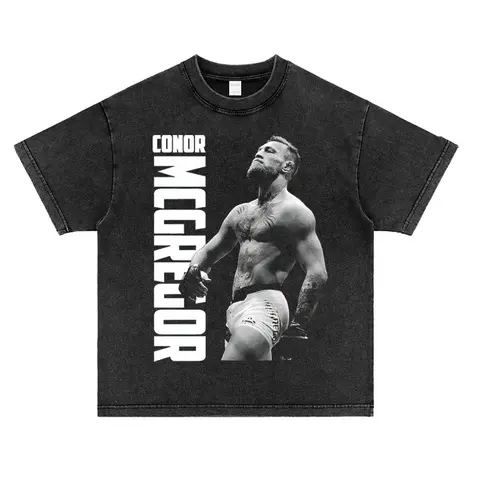 Conor McGregor Printed T-Shirt Men's Washed Old Short Sleeve American Vintage High Street Cotton Half Sleeve Top