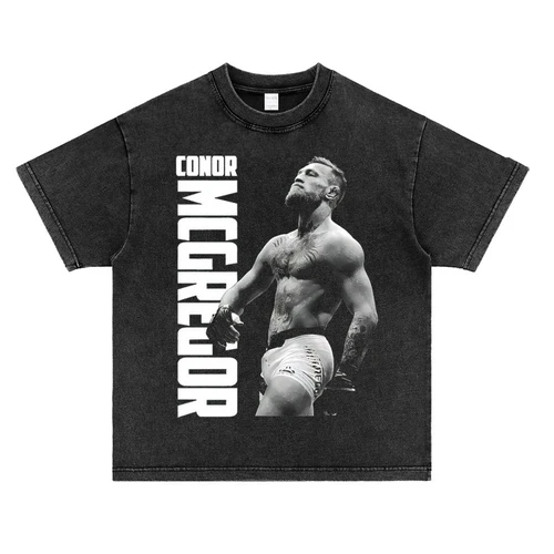 Camiseta estampada de Conor McGregor, camiseta de media manga de algodón de calle alta Vintage americana de manga corta lavada para hombre