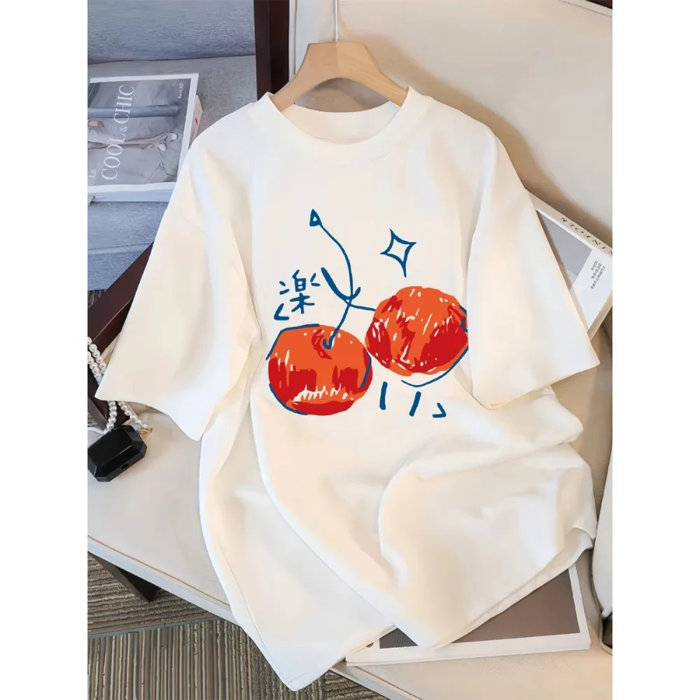 

Cherry Illustration Prints Women T-Shirt Casual Sport Short Sleeve Breathable Summer T Shirt Cotton Street New Clothing