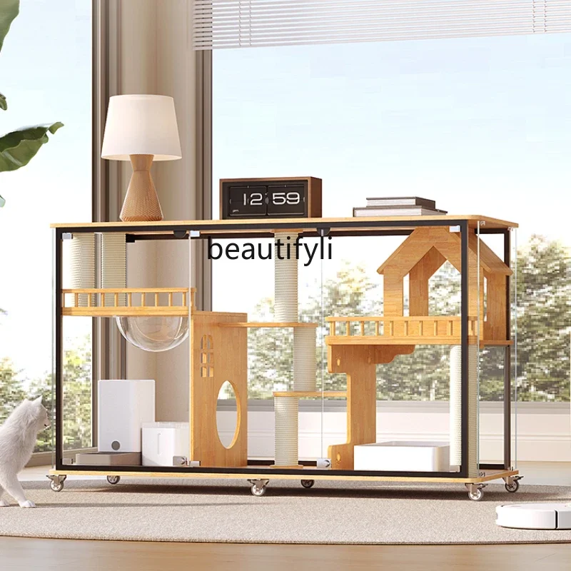 Panoramic Horizontal Cat Villa TV Cabinet Glass Cat Cabinet Solid Wood Cat Cage Transparent Household Interior