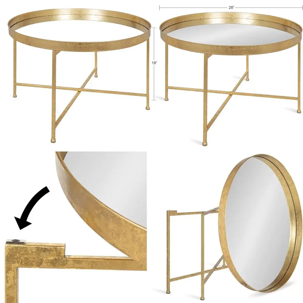 Modern Minimalist Gold Frame Coffee Table, 28.25 Round, Detachable Magnetic Top, Mirrored