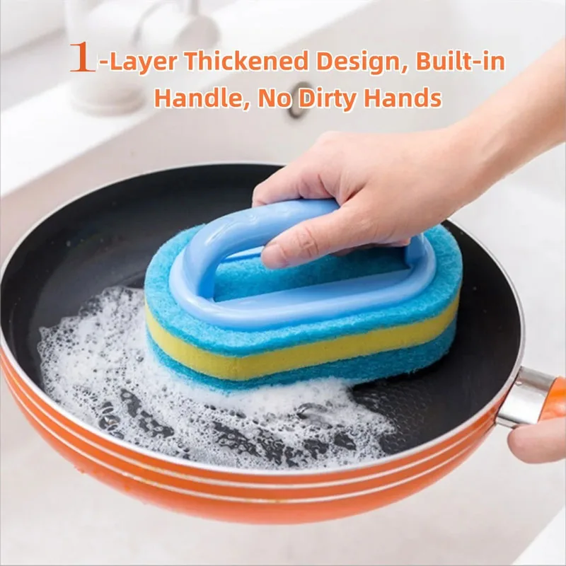 

1pc-Cleaning Sponge Brush with Handle - Non-Scratch Heavy Duty Scrubber for Kitchen Stove, Cookware, Bathtub & Wall Cleaning