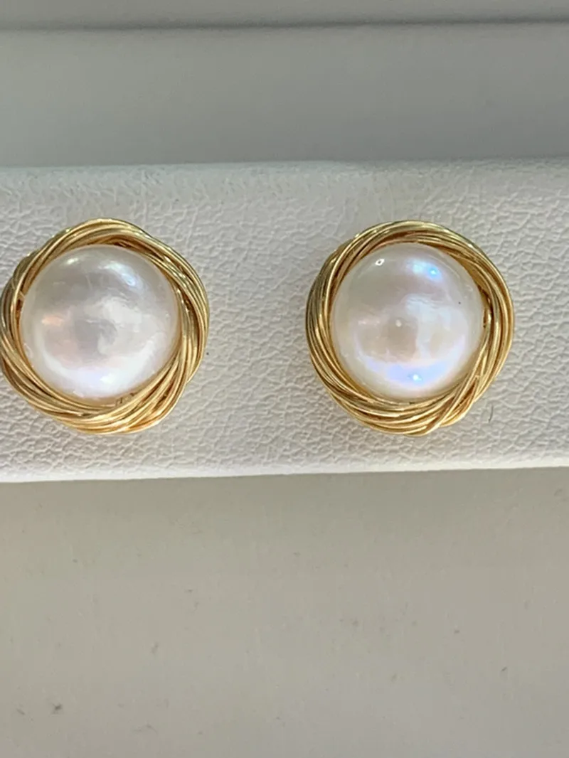 Designer Pearl Gold Earring AAA 7-8mm White Pearl Stud Earrings 14k Fashion Jewellry Accessories 14